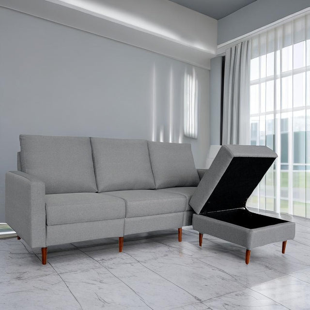 Redde Boo modern light gray fabric L shaped sofa, full K/D 3 seater sofa and stool with storage for living room sofa set