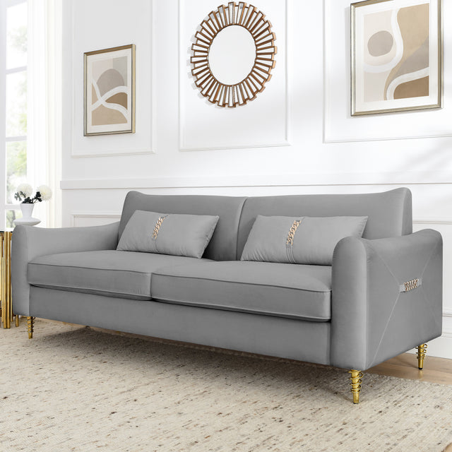 80.3" Modern Sofa Couch Upholstered Sofa Tufted Back Comfy Velvet Long Couch with 2 Pillows and Golden Legs for Living Room, Bedroom, Office, Apartment, Grey