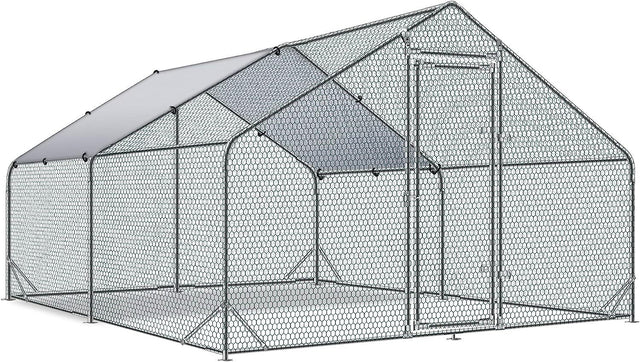 Large Metal Chicken Coop Walk-in Poultry Cage Hen Run House Rabbits Habitat Cage Spire Shaped Coop with Waterproof and Anti-Ultraviolet Cover (10' L x 13' W x 6.4' H)