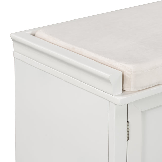 TREXM Storage Bench with 2 Drawers and 2 Cabinets, Shoe Bench with Removable Cushion for Living Room, Entryway (White)