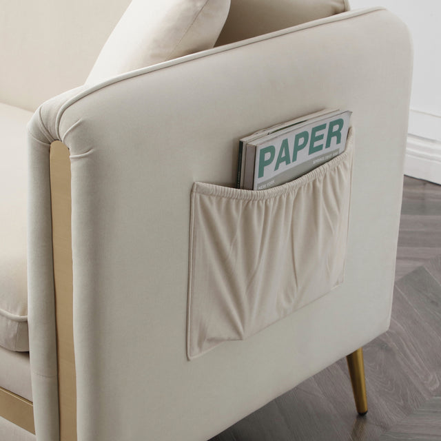 77.2” Modern Upholstered Velvet Sofa 3 Seater Couch with Removable Cushions Side Pocket Mid-Century Tufted Living Room Set Gold Metal Legs,2 Pillows Included,Beige