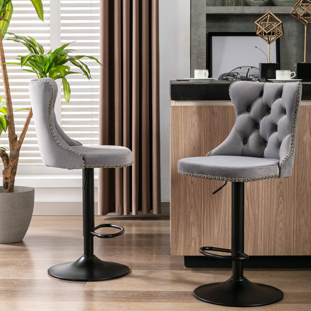 A&A Furniture,Swivel Velvet Barstools Adjusatble Seat Height from 25-33 Inch, Modern Upholstered Bar Stools with Backs Comfortable Tufted for Home Pub and Kitchen Island(Gray,Set of 2)