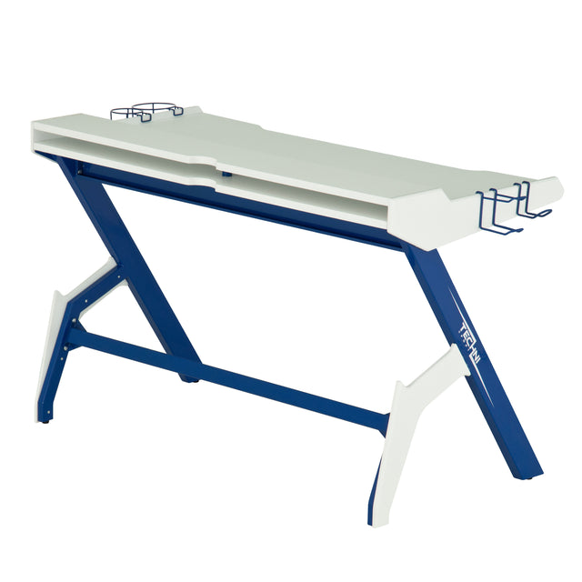 Techni Sport Ergonomic Computer Gaming Desk Workstation with Cupholder & Headphone Hook, Blue