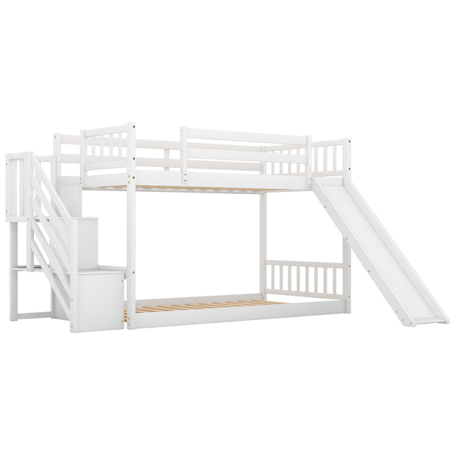 Twin over Twin Bunk Bed with Convertible Slide and Stairway, White