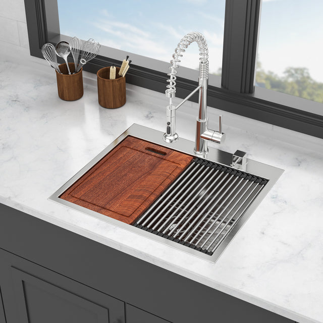 28 in Kitchen Sink Stainless Steel 16 Gauge Ledge Workstation Sink Drop-in Topmount Single Bowl Single Bowl Sink