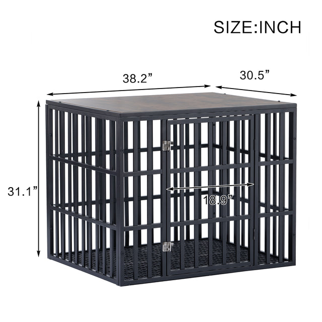 NEW HEAVY DUTY DOG CRATE FURNITURE FOR LARGE DOGS WOOD & STEEL DESIGN DOG CAGE INDOOR & OUTDOOR PET KENNEL 38X30X32INCH PET PLAYPEN WITH COVER METAL DOG FENCE CRATE BLACK