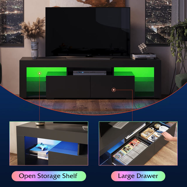 LED TV Stand for 60/65/70 Inch TV, Entertainment Center with Open Shelves, TV Console with 2 Storage Drawers for Bedroom, Living Room, Media Stand with Display Glass, Black
