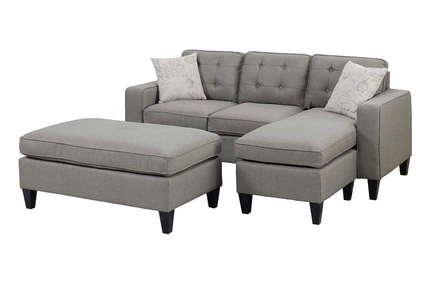 Reversible 3pc Sectional Sofa Set Light Grey Tufted Polyfiber Wood Legs Chaise Sofa Ottoman Pillows Cushion Couch