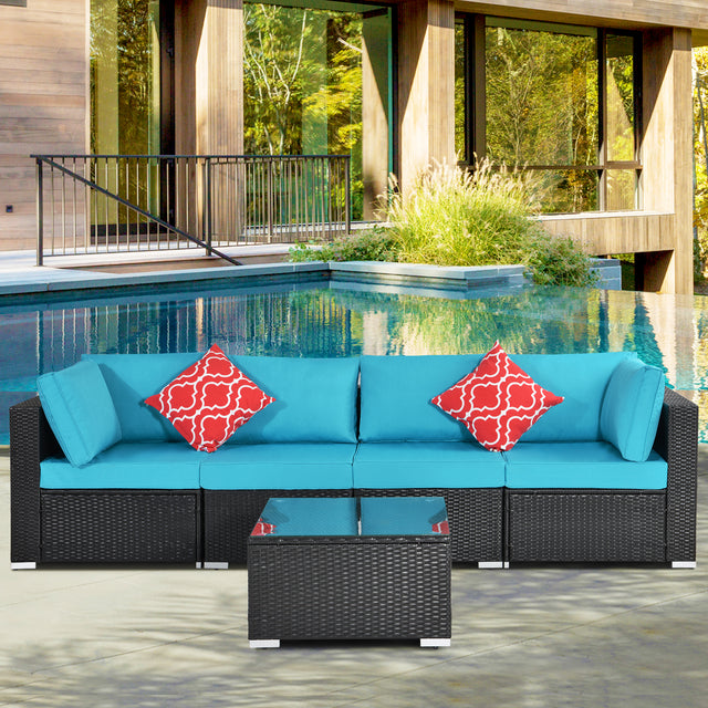 Outdoor Garden Patio Furniture 5-Piece PE Rattan Wicker Cushioned Sofa Sets with 2 Pillows and Coffee Table.outdoor couch;outdoor sectional;porch furniture;patio couch;outdoor sofa;patio furniture set