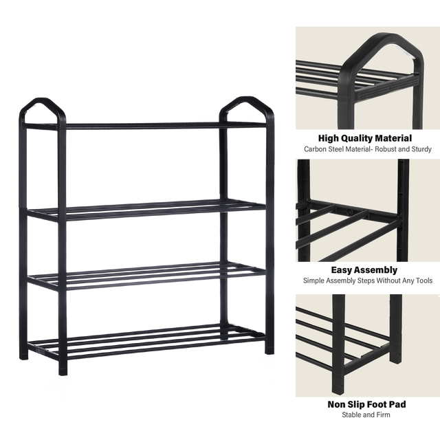 YSSOA 4-Tier Stackable Shoe Rack, 12-Pairs Sturdy Shoe Shelf Storage , Black Shoe Tower for Bedroom, Entryway, Hallway, and Closet