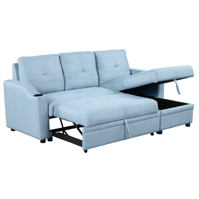 80.3" Orisfur. Pull Out Sofa Modern Padded Upholstered Sofa , Linen Fabric 3 Seater Couch with Storage Chaise and Cup Holder , Small Couch for Small Spaces