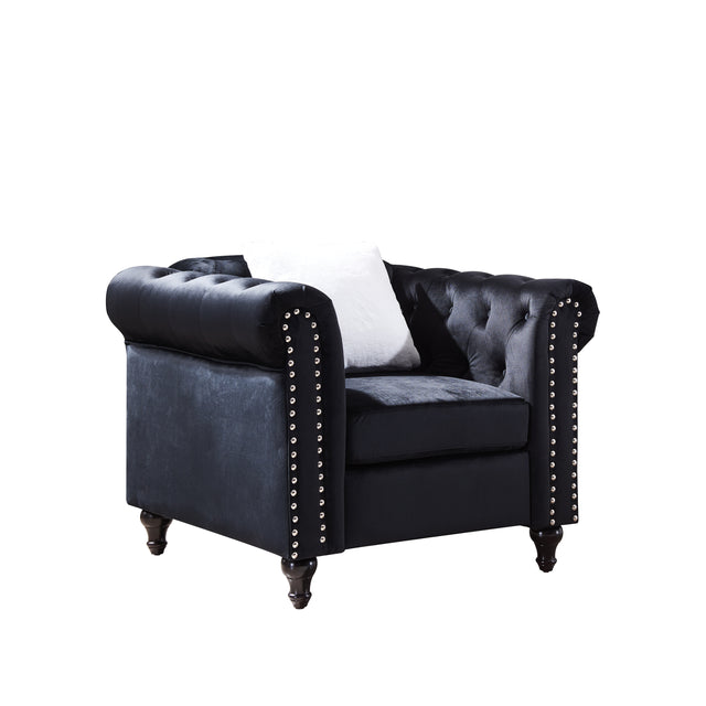 Sofa Chair with Button and Copper Nail on Arms and Back, One White Villose Pillow, Velvet Black (38"x34.5"x30")