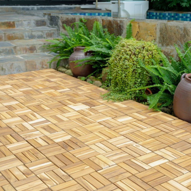 12" x 12" Square Teak Wood Interlocking Flooring Tiles Checker Pattern Pack of 10 Tiles