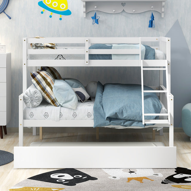 Twin Over Full Bunk Bed with Trundle, Convertible into 2 Beds, the Bunk Bed with Ladder and Safety Rails for Kids, Teens, Adults, White (Old Sku:W504S00030)