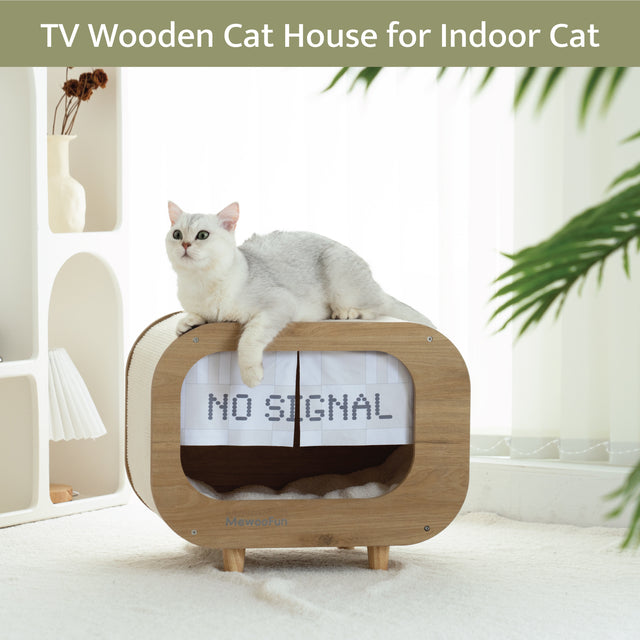 Classic Wooden TV-Shaped Cat Bed, Cat House with Cushion, White