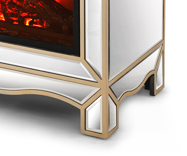 W 23.2"X D 13.4“ X H 24.4” Mirrored mantelpiece with champagne color bezel Built in 1500 function heating