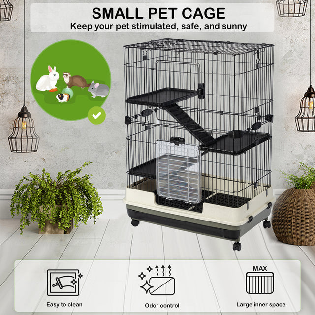 4-Tier 32"Small Animal Metal Cage Height Adjustable with Lockable Casters Grilles Pull-out Tray for Rabbit Chinchilla Ferret Bunny Guinea Pig Squirrel Hedgehog(BLACK)(=OLD SKU:W69133214)