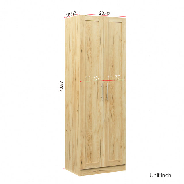 High wardrobe and kitchen cabinet with 2 doors and 3 partitions to separate 4 storage spaces,Oak