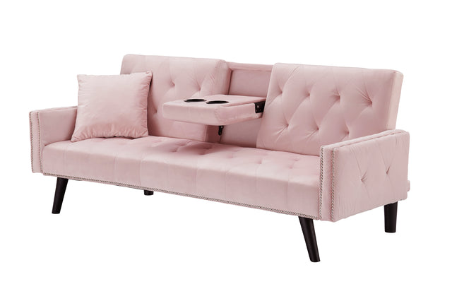 1730 Sofa Bed Armrest with Nail Head Trim with Two Cup Holders 72" Pink Velvet Sofa for Small Spaces