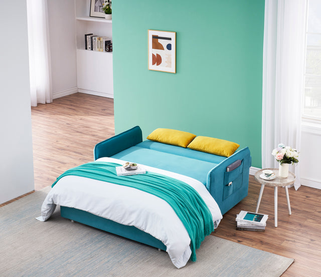 2120 Sofa Pull Out Bed Included Two Pillows 54" Velvet Sofa for Small Spaces Teal