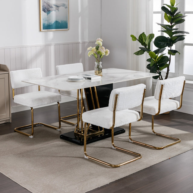 A&A Furniture,Modern Dining Chairs with Artificial Rabbit Hair,Gold Metal Base, Accent Armless Kitchen Chairs with Channel Tufting, Upholstered Fake Fur Fabric Side Chairs, Set of 2, White