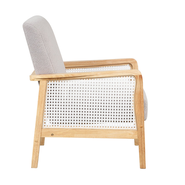 【EAT 3.10】Mid-Century Armchair Rattan Mesh Upholstered Accent Chair,Teddy Short Plush Particle Velvet Armchair for Living Room,Bedroom, Office, Studio,Grey