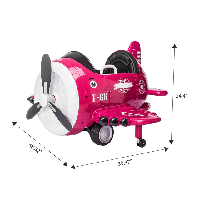 12V Electric Kids Ride on Toy Plane with USB, FM, Wind-Driven Propeller, 360-Degree Rotating by 2 Joysticks, Remote Control for Kids 3 to 6, Rose Red