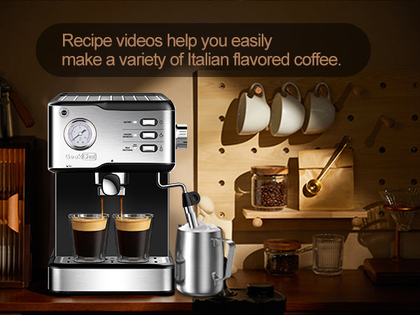 Geek Chef Espresso Machine,Espresso and Cappuccino latte Maker 20 Bar Pump Coffee Machine Compatible with pressure gauge&Milk Frother Steam Wand,stainless steel,1.5L Water ,Complimentary ESE FilterTan