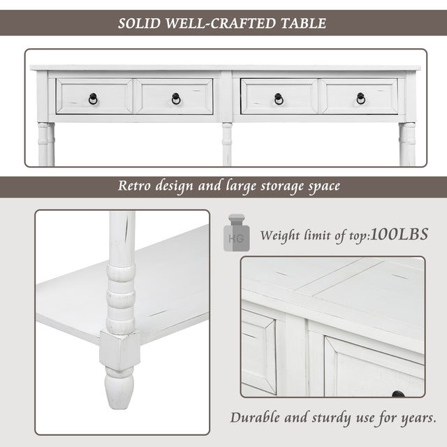 TREXM Console Table Sofa Table with Drawers and Long Shelf Rectangular Living Room Table Solid Wood (Antique White)