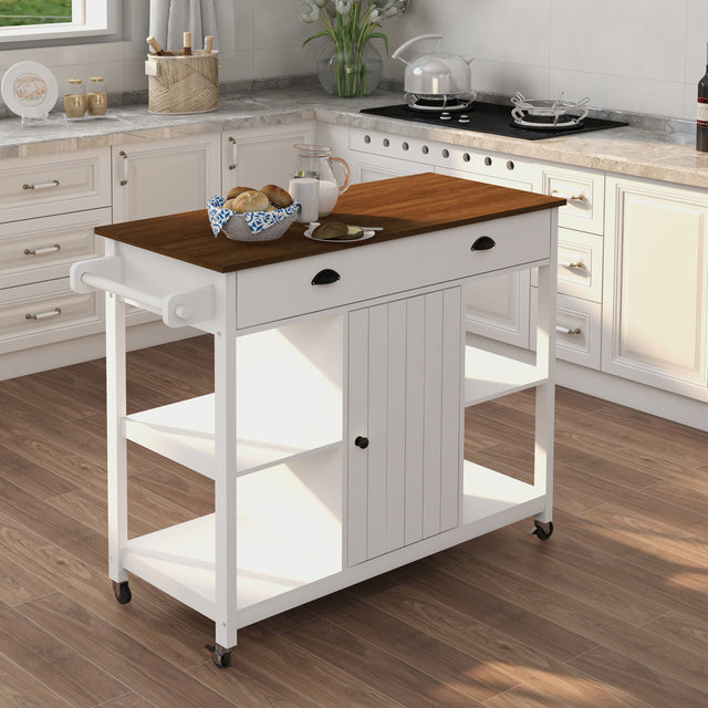 With Adjustable Shelf and Towel Bar, Lockable Wheels Kitchen Island