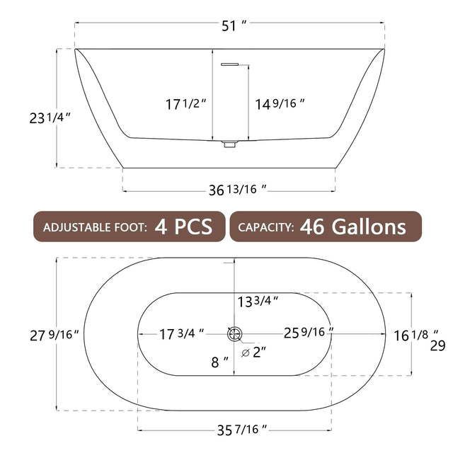 51" Acrylic Free Standing Tub - Classic Oval Shape Soaking Tub, Adjustable Freestanding Bathtub with Integrated Slotted Overflow and Chrome Pop-up Drain Anti-clogging Gloss White