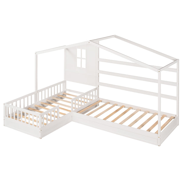 Wood House Bed Twin Size, 2 Twin Solid Bed L structure with fence and slatted frame (White)