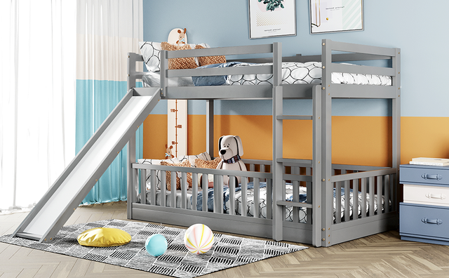 Twin Over Twin Bunk Bed with Slide and Ladder, Gray(Old SKU:LP000009AAE)