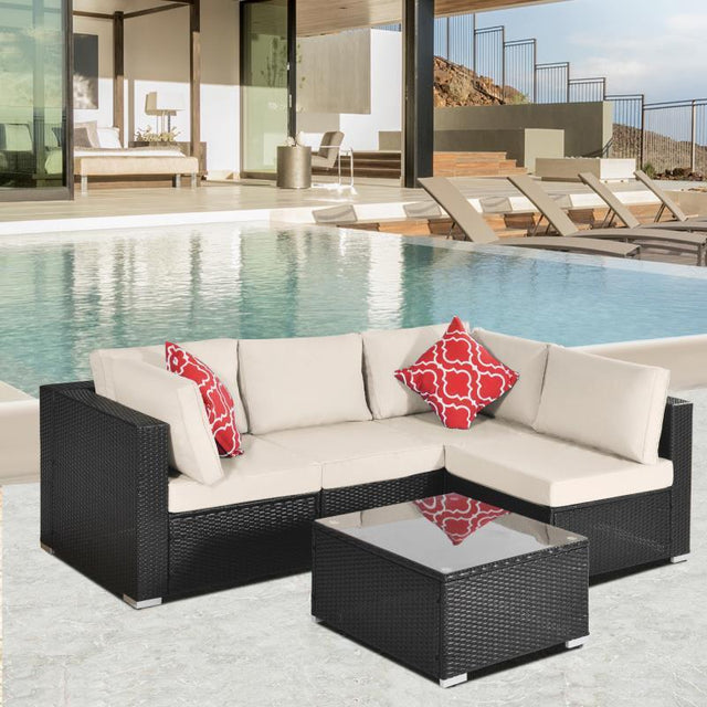 Outdoor Garden Patio Furniture 5-Piece PE Rattan Wicker Cushioned Sofa Sets with 2 Pillows and Coffee Table, outdoor couch;outdoor sectional;porch furniture;patio couch;outdoor sofa;patio furniture se