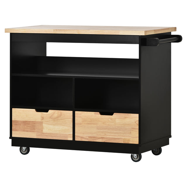 Kitchen Cart Rolling Mobile Kitchen Island Solid Wood Top, Kitchen Cart With 2 Drawers,Tableware Cabinet,Black