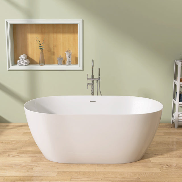 67" Acrylic Free Standing Tub - Classic Oval Shape Soaking Tub, Adjustable Freestanding Bathtub with Integrated Slotted Overflow and Chrome Pop-up Drain Anti-clogging Gloss White