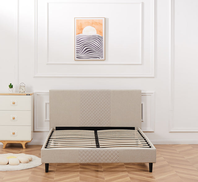 Full Size Platform Bed Frame with Fabric Upholstered Headboard and Wooden Slats Support, Fully Upholstered Mattress Foundation/No Box Spring Needed/Easy Assembly, Beige