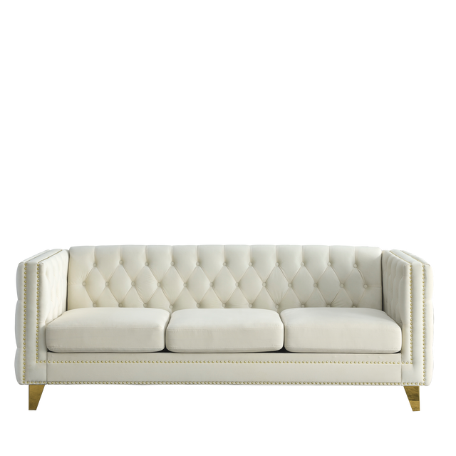 {Contact us for 3D modeling} Velvet Sofa for Living Room,Buttons Tufted Square Arm Couch, Modern Couch Upholstered Button and Metal Legs, Sofa Couch for Bedroom, Beige Velvet