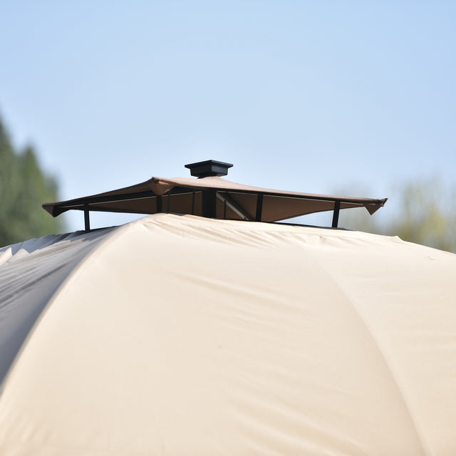 TOPMAX 10ft W*12ft L Outdoor Double Vents Gazebo Patio Metal Canopy with Screen and LED Lights for Backyard, Poolside, Brown