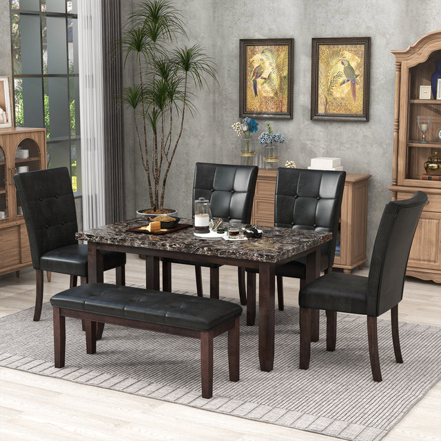 6-piece Faux Marble Dining Table Set with one Faux Marble Dining Table ,4 Chairs and 1 Bench, Table: 60”x38”x 30”,Chair: 20.2”x28.5”x39”, Black