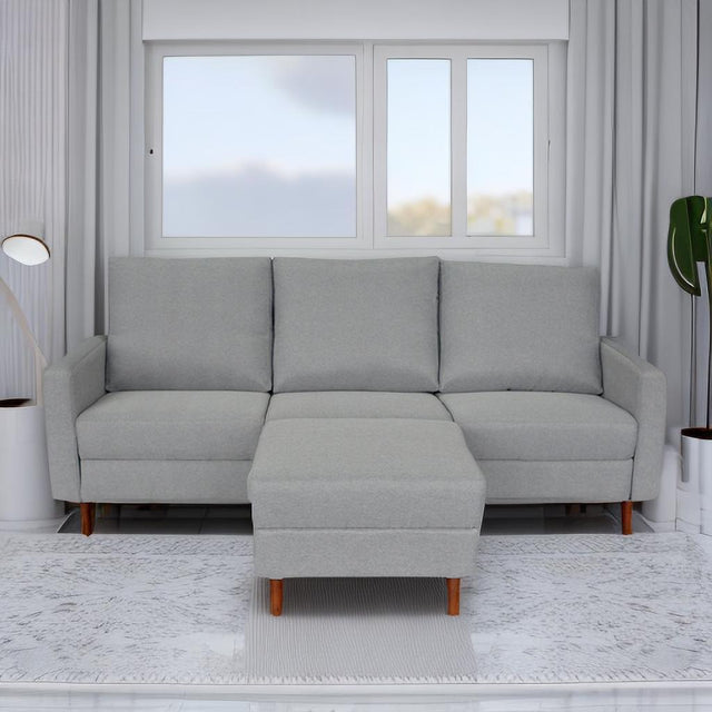 Redde Boo modern light gray fabric L shaped sofa, full K/D 3 seater sofa and stool with storage for living room sofa set