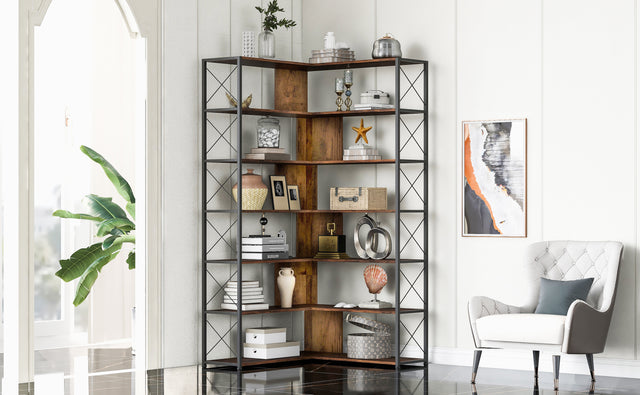 7-Tier Bookcase Home Office Bookshelf, L-Shaped Corner Bookcase with Metal Frame, Industrial Style Shelf with Open Storage, MDF Board