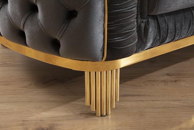 Vanessa Loveseat Livingroom Set in Grey and Gold with Fabric button-tufted velvet upholstery Finish