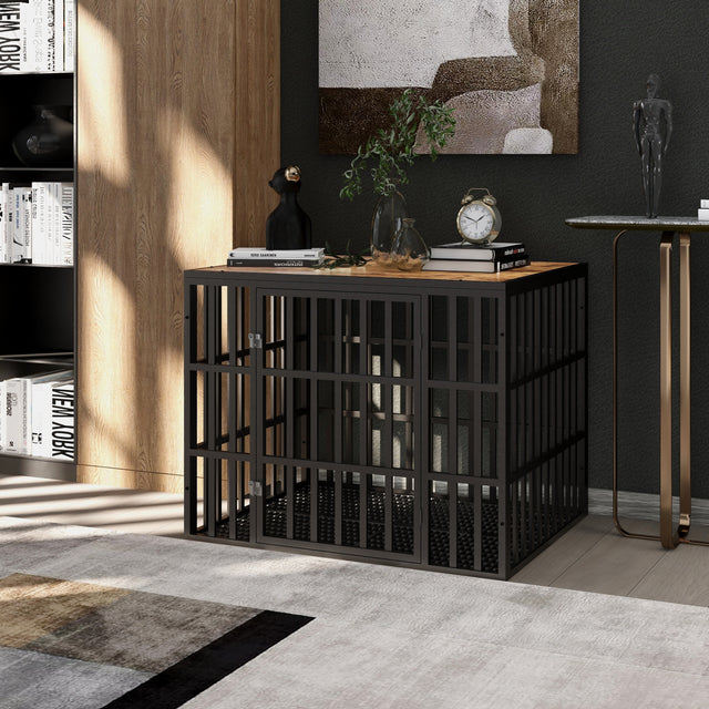 NEW HEAVY DUTY DOG CRATE FURNITURE FOR LARGE DOGS WOOD & STEEL DESIGN DOG CAGE INDOOR & OUTDOOR PET KENNEL 38X30X32INCH PET PLAYPEN WITH COVER METAL DOG FENCE CRATE BLACK
