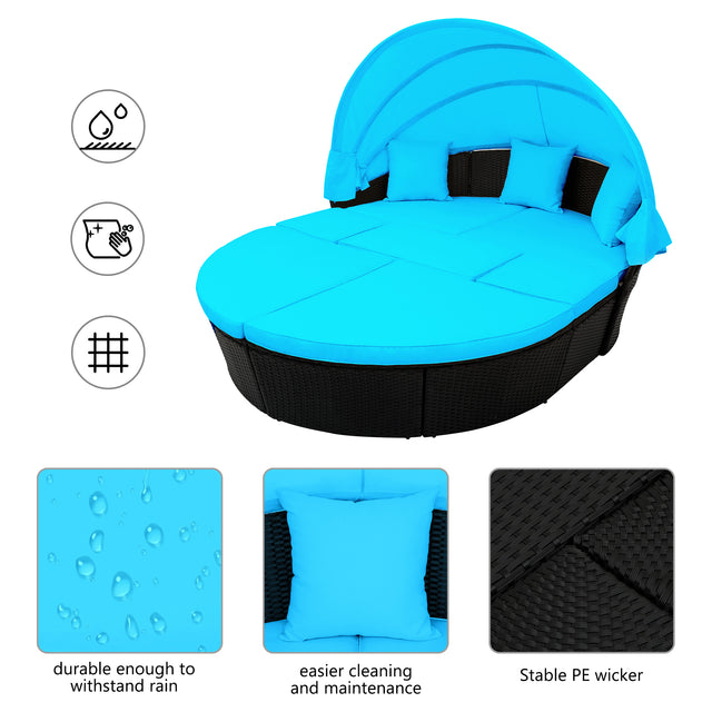 Outdoor rattan daybed sunbed with Retractable Canopy Wicker Furniture, Round Outdoor Sectional Sofa Set, black Wicker Furniture Clamshell Seating with Washable Cushions, Backyard, Porch, Blue.