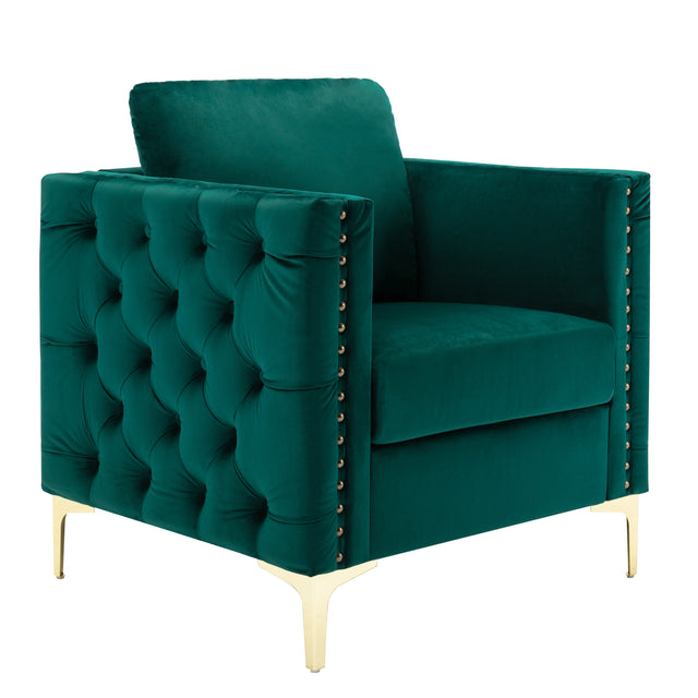 Modern Velvet Armchair Tufted Button Accent Chair Club Chair with Steel Legs for Living Room Bedroom,Green