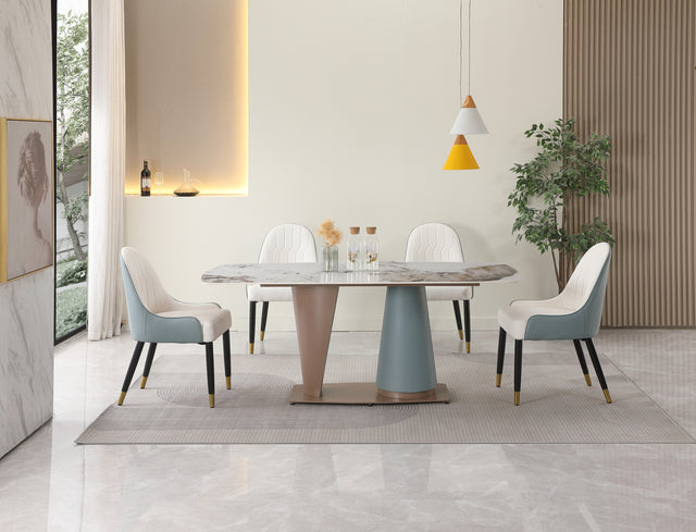 71" Pandora color sintered stone dining table with cone shape Pedestal Base in champagne and blue color