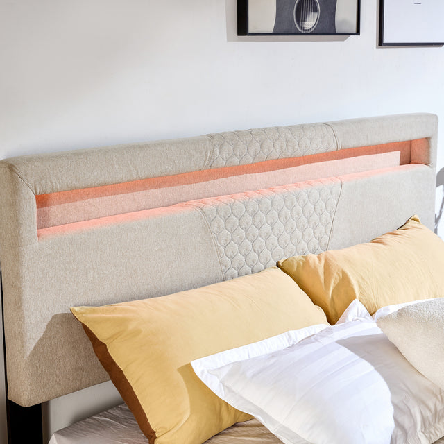 King Size Bed Frame, Modern Upholstered Platform Bed Frame with LED Lights and Height Adjustable Headboard, No Box Spring Needed/Easy Assembly/Pack in 1-Box/Noise-Free (Off white, King)