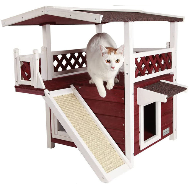 Cat House for Outdoor Cats Weatherproof with Scratching Pad and Escape Door