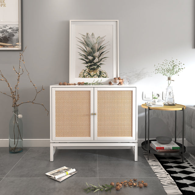Natural rattan 2 door cabinet, with 1 Adjustable Inner Shelves, rattan, Accent Storage Cabinet